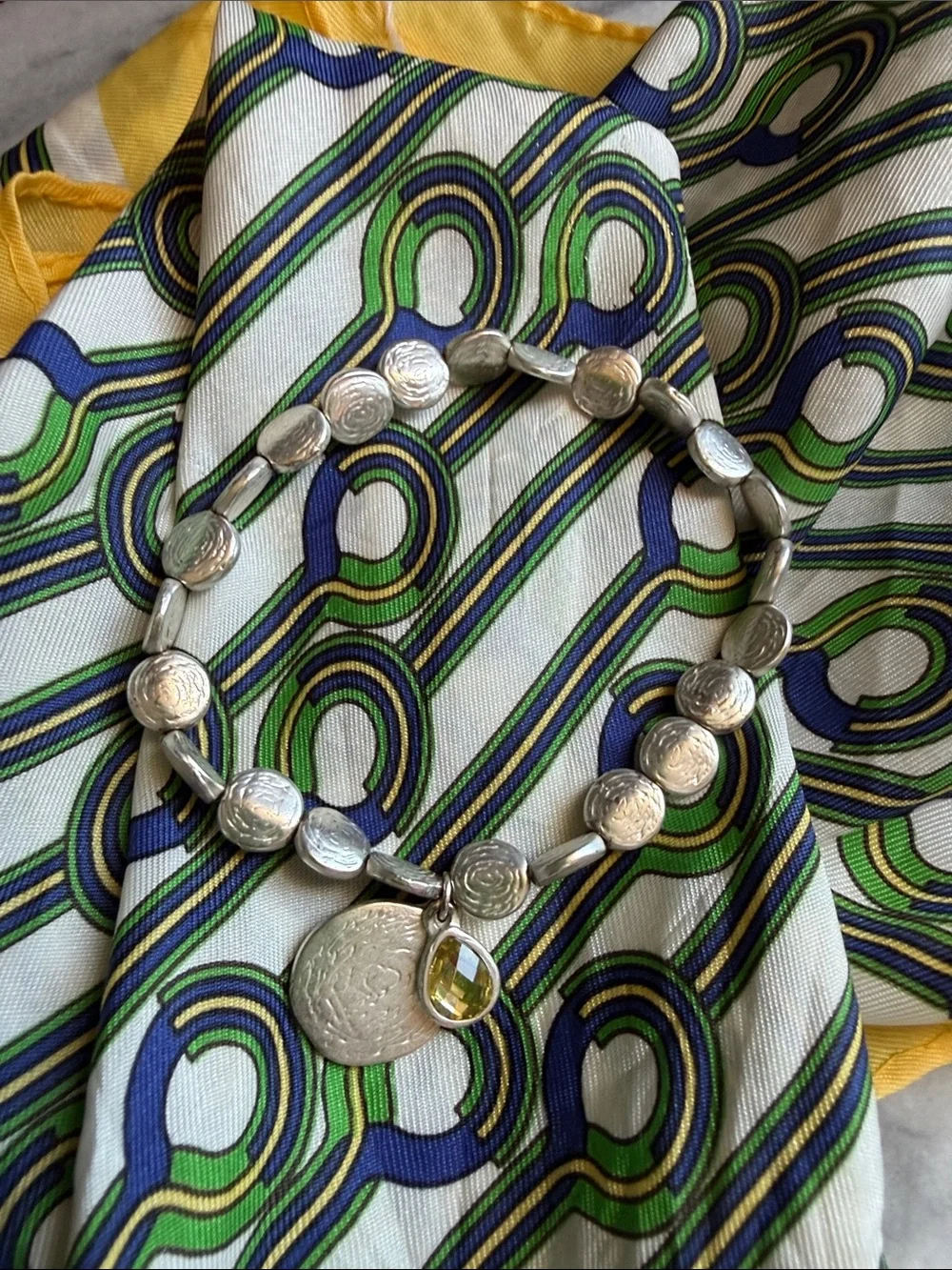 Silver-Tone Textured Disc Necklace with yellow Teardrop Charm - Picture 2 of 3
